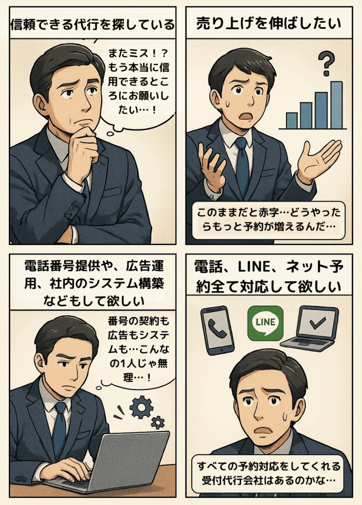 電話受付代行を依頼する際に、よくあるお困りごとのイラスト
