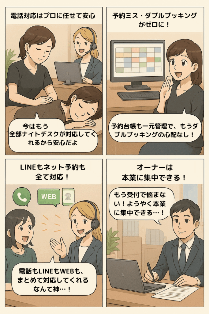 ナイトデスクに受付業務を依頼して、問題が解決されたというイラスト