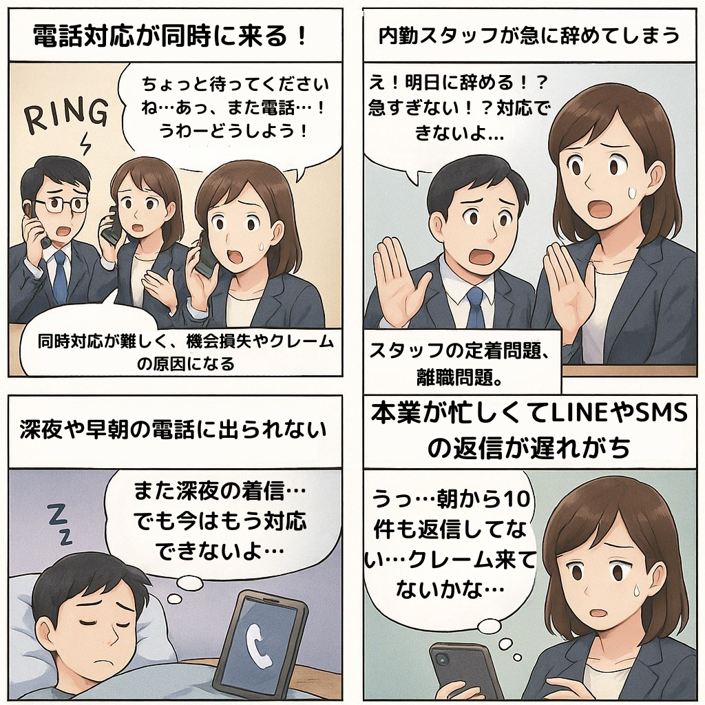 電話受付代行を依頼する際に、よくあるお困りごとのイラスト